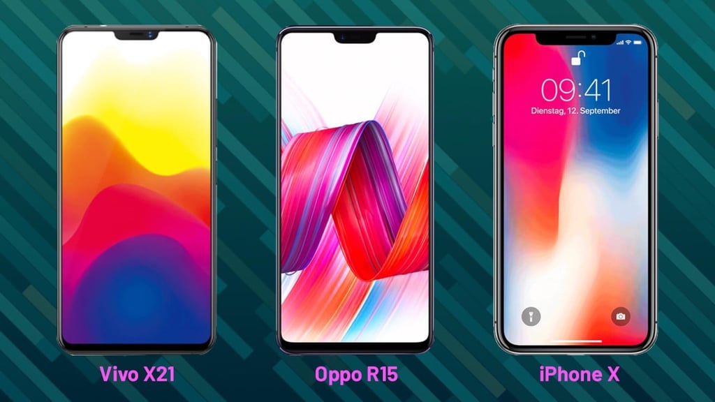 The Vivo X21 and Oppo R15 bear striking resemblance with the iPhone X. (Source: Vivo/Oppo/Apple) The Vivo X21 and Oppo R15 bear striking resemblance with the iPhone X. (Source: Vivo/Oppo/Apple)