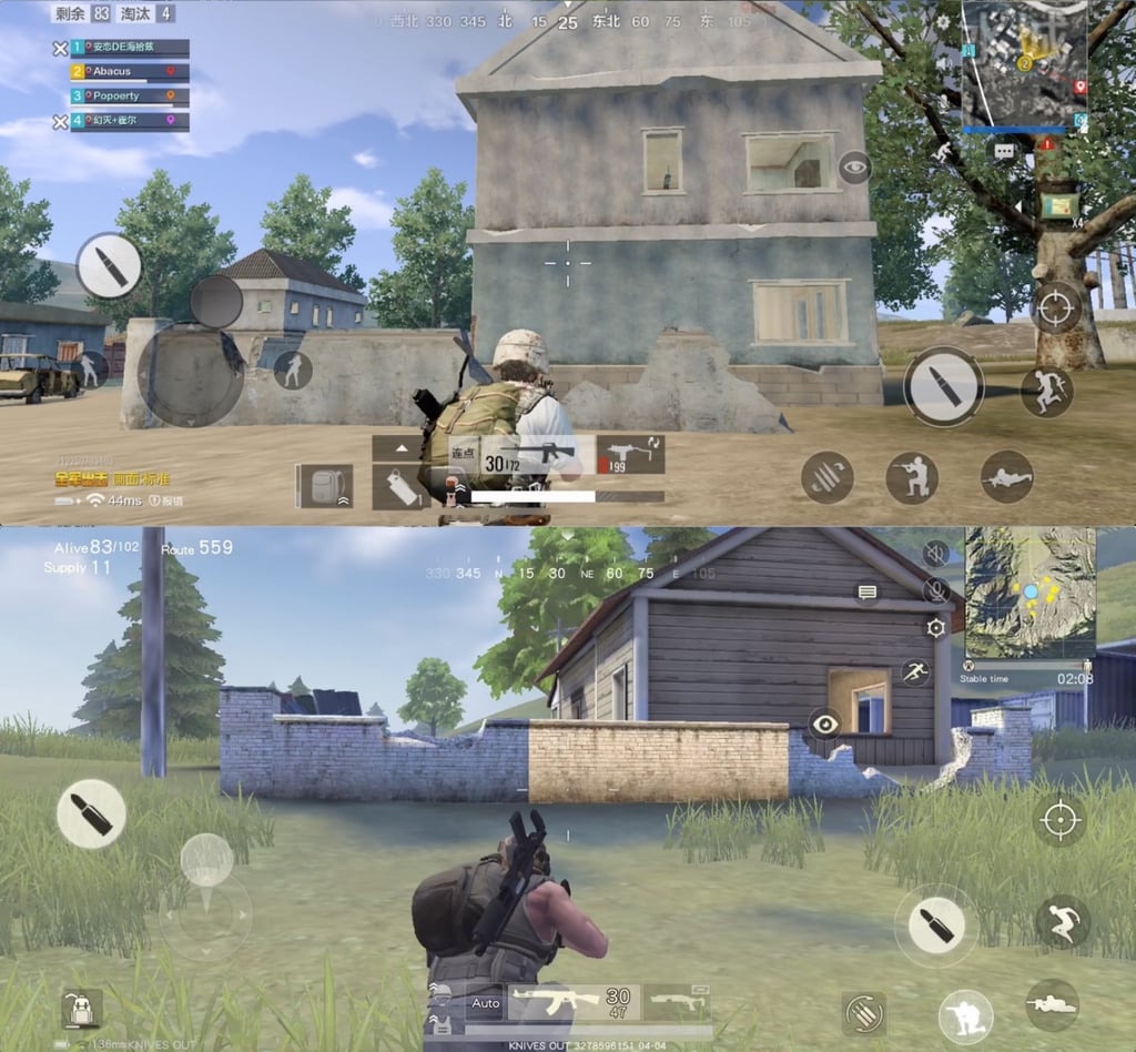 PUBG on mobile (top) and NetEase's Knives Out (bottom) PUBG on mobile (top) and NetEase's Knives Out (bottom)