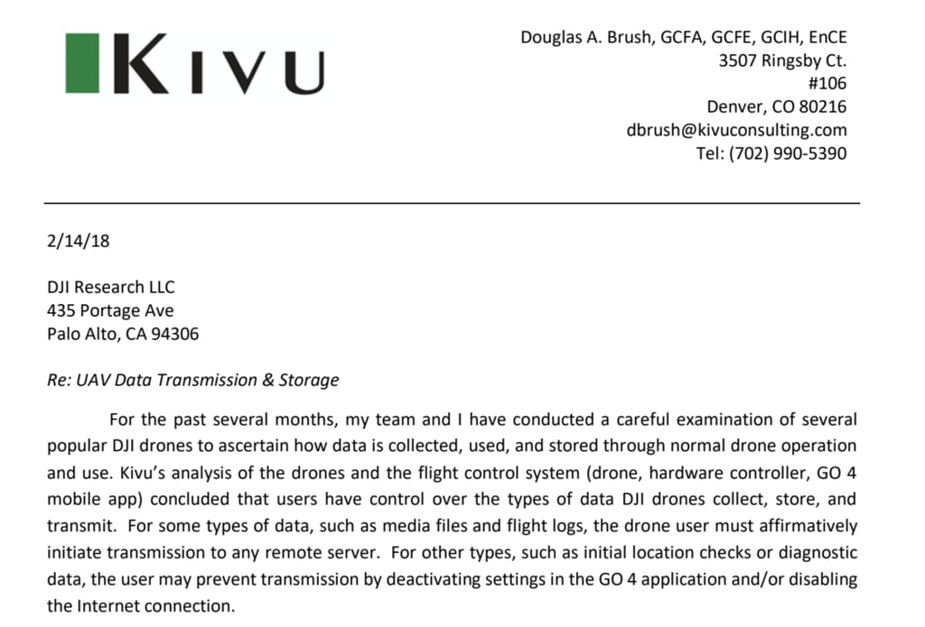 A screenshot from a summary of the report which DJI says “clearly debunks” security concerns about its products. (Picture: Kivu consulting). A screenshot from a summary of the report which DJI says “clearly debunks” security concerns about its products. (Picture: Kivu consulting).