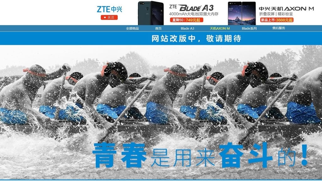 A screenshot of ZTE's website displaying the message "youth is for struggle." (Picture: South China Morning Post).