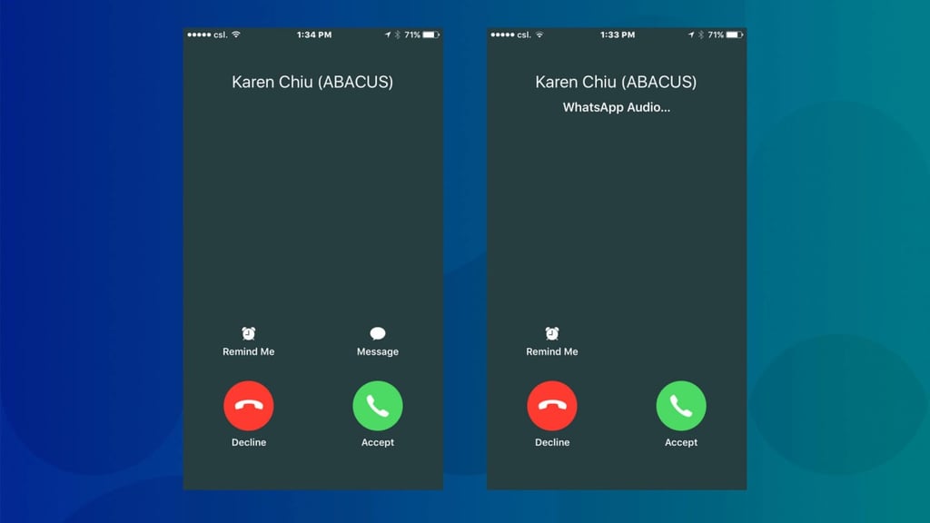 Regular call screen on the iPhone (left) and an incoming WhatsApp call with CallKit enabled (right)