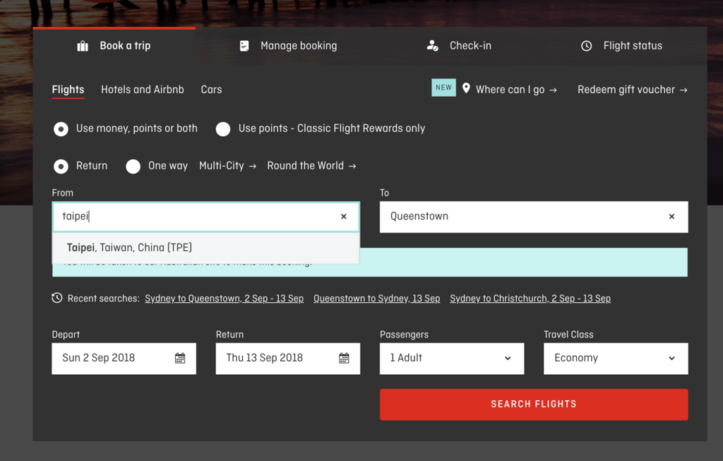 A screenshot from Qantas.com listing Taiwan as part of China.
