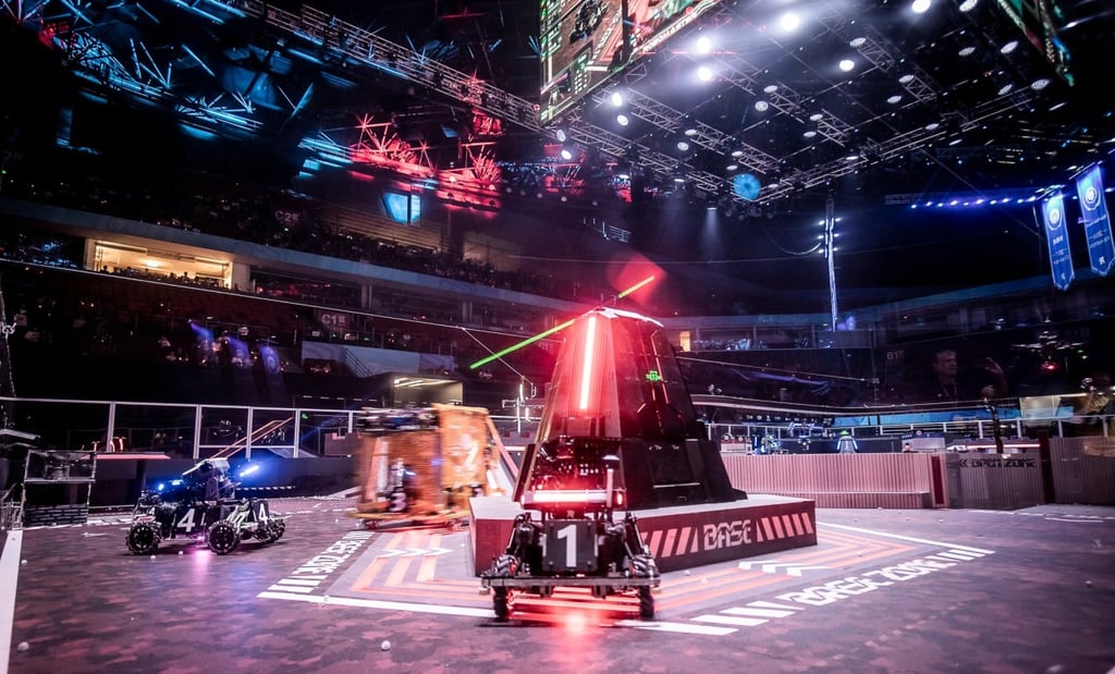 Robots battle it out in the Shenzhen Bay Stadium at RoboMaster 2018. (Picture: DJI via Twitter) Robots battle it out in the Shenzhen Bay Stadium at RoboMaster 2018. (Picture: DJI via Twitter)