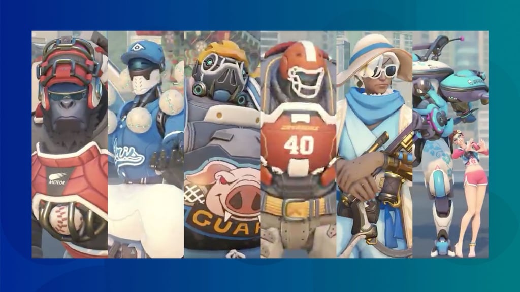 From left to right: Catcher Winston, Fastball Zenyatta, Lacrosse Roadhog, Gridironhardt Reinhardt, Cabana Ana, Waveracer D.Va (Pictures: Blizzard Entertainment via Twitter)