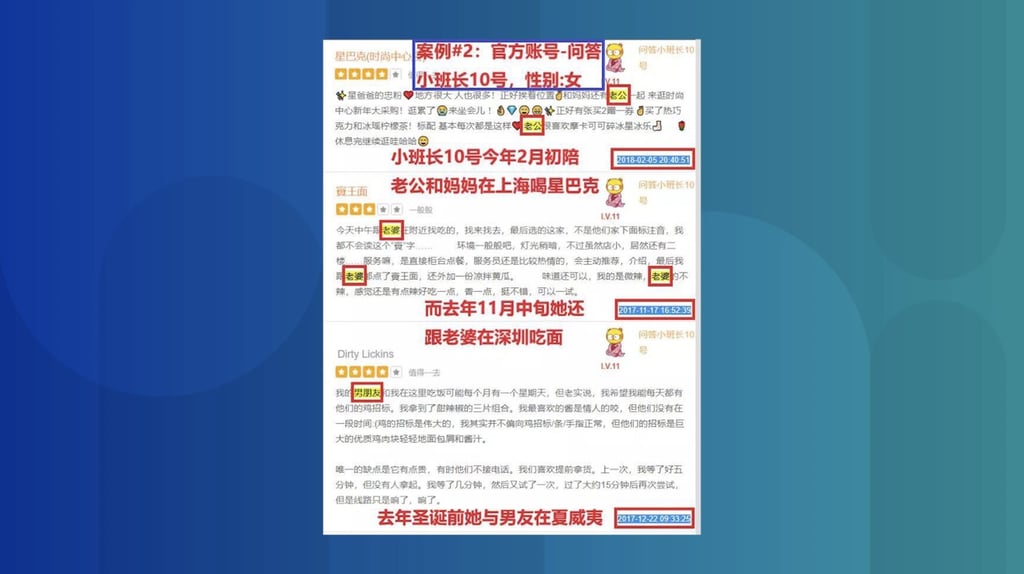 As one of the supporting examples, Xiaosheng Bibi claims that the same account has several reviews that contradict one another in terms of time and relationship status.  (Picture: Xiaosheng Bibi on WeChat)