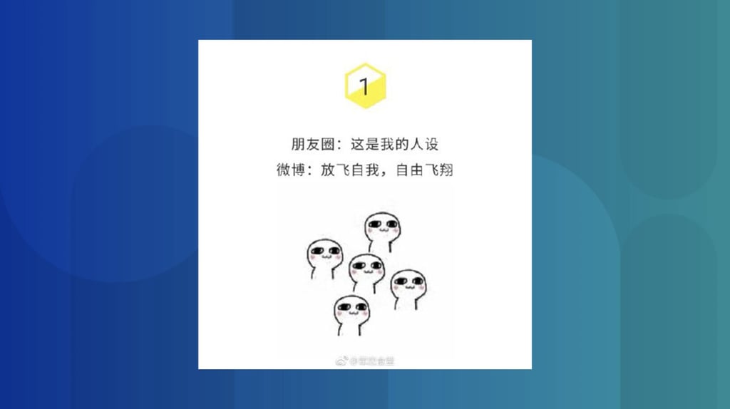“On WeChat Moments: ‘This is my character setting’, and on Weibo: ‘I let go of myself and am free to soar’”, reads another meme.