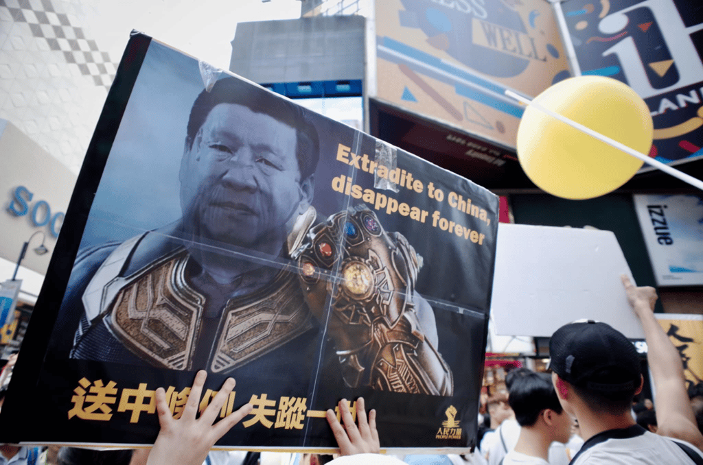 When President Xi Jinping wields the Infinity Gauntlet, protesters fear the worst. (Picture: People Power via Facebook) When President Xi Jinping wields the Infinity Gauntlet, protesters fear the worst. (Picture: People Power via Facebook)