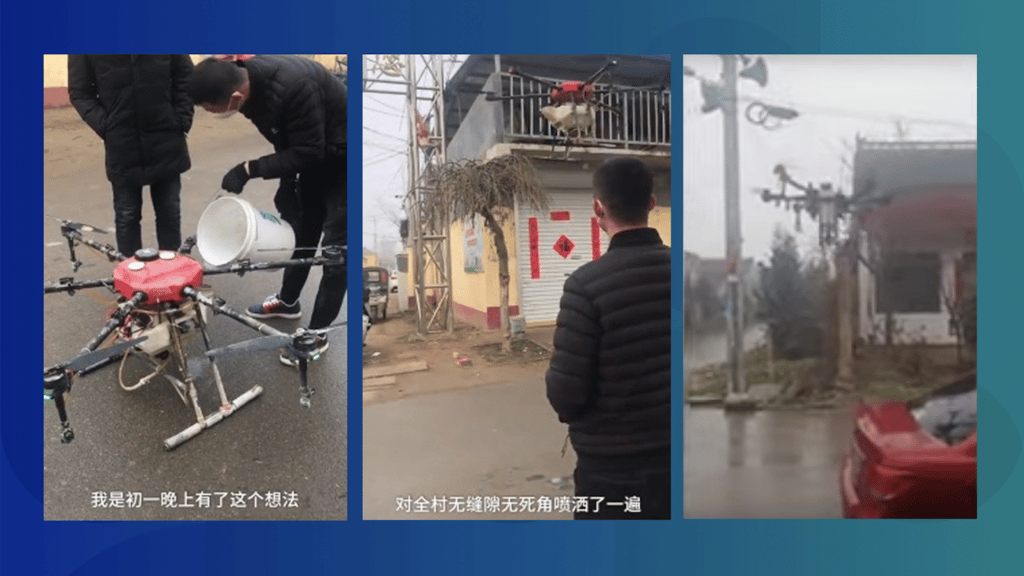 A villager in Shandong uses a drone to spray disinfectant over his village. (Picture: Heze Highspeed Police 5th Squad/Weibo) A villager in Shandong uses a drone to spray disinfectant over his village. (Picture: Heze Highspeed Police 5th Squad/Weibo)