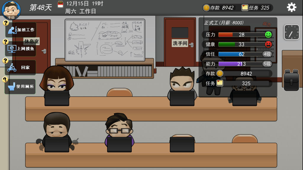 A typical day in the game My Office 996: It’s 7pm on a Saturday, but more than half the team is still in the office. (Picture: My Office 996) A typical day in the game My Office 996: It’s 7pm on a Saturday, but more than half the team is still in the office. (Picture: My Office 996)
