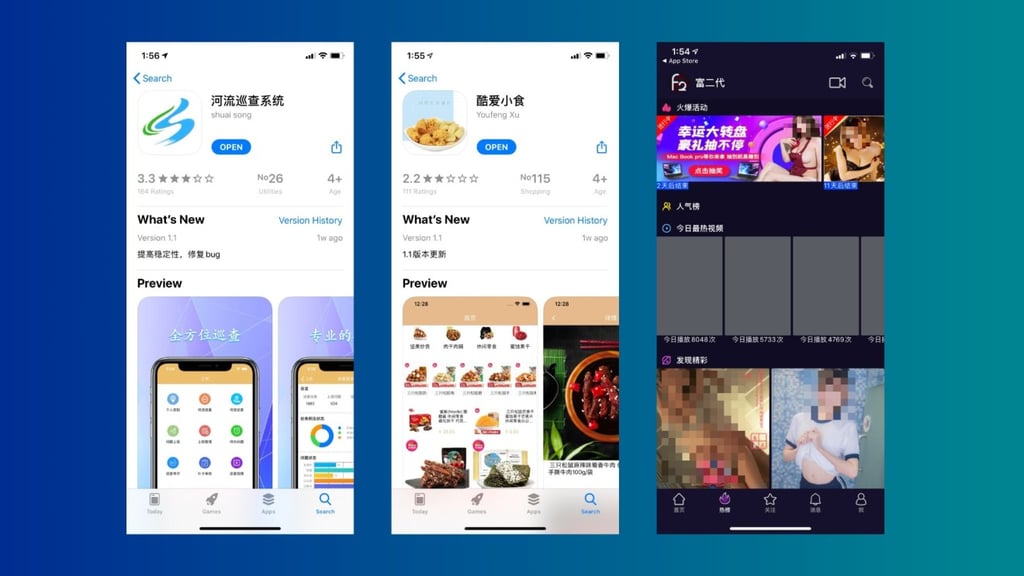 Rich Kids, a platform focusing on peddling gambling and porn, was hiding under innocuous apps for monitoring river flow and ordering snacks. (Picture: Apple iOS App Store/Rich Kids)