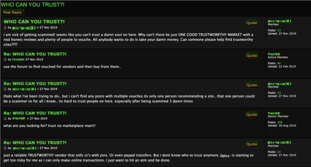 Posts on Torum, a crypto-driven and self-governing forum, wondering which dark web marketplaces can still be trusted. (Picture: Trend Micro)