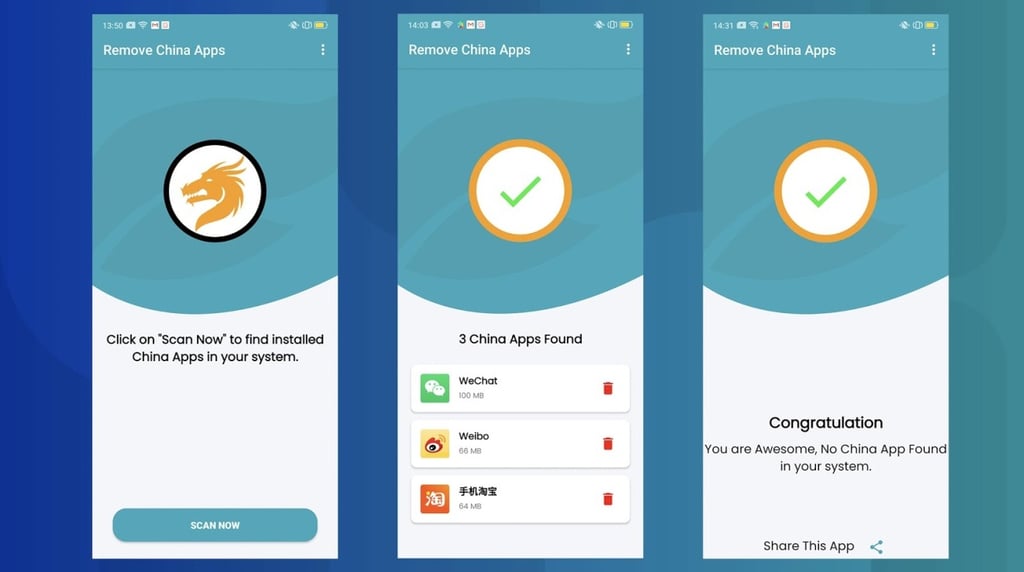 In three steps, Remove China Apps purges your phone of apps it thinks are made in China. (Picture: Remove China Apps) In three steps, Remove China Apps purges your phone of apps it thinks are made in China. (Picture: Remove China Apps)