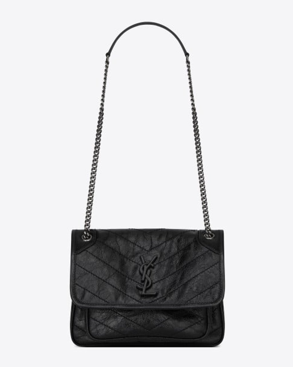 Baby Niki chain bag in black textured quilted leather.<br />
Baby Niki chain bag in black textured quilted leather.<br />