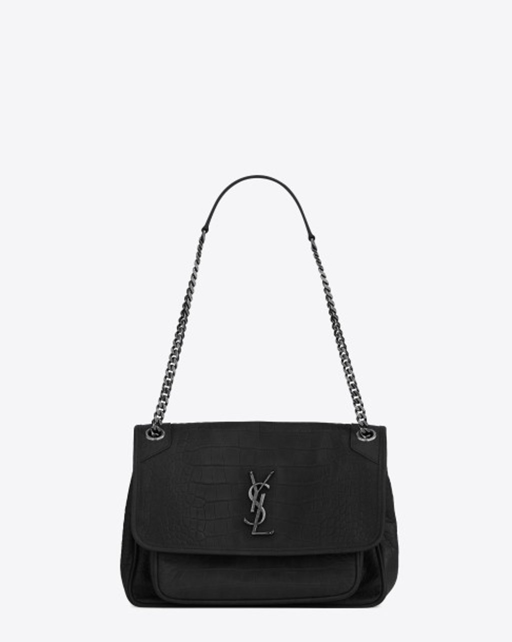 Medium Niki chain bag in black crocodile embossed nubuck leather. Medium Niki chain bag in black crocodile embossed nubuck leather.
