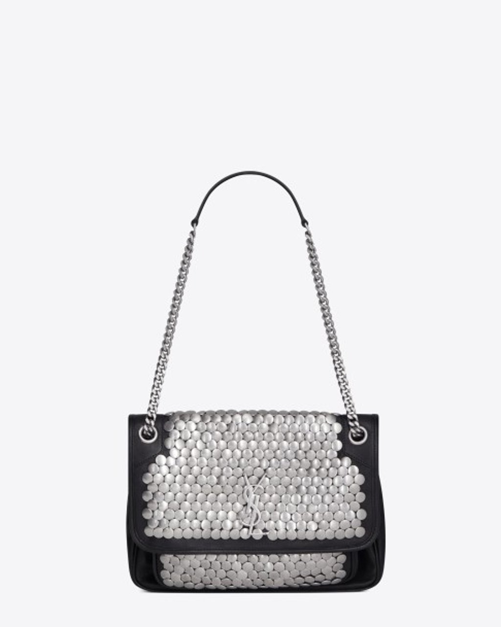 Medium Niki chain bag in black leather with metallic armature. Medium Niki chain bag in black leather with metallic armature.