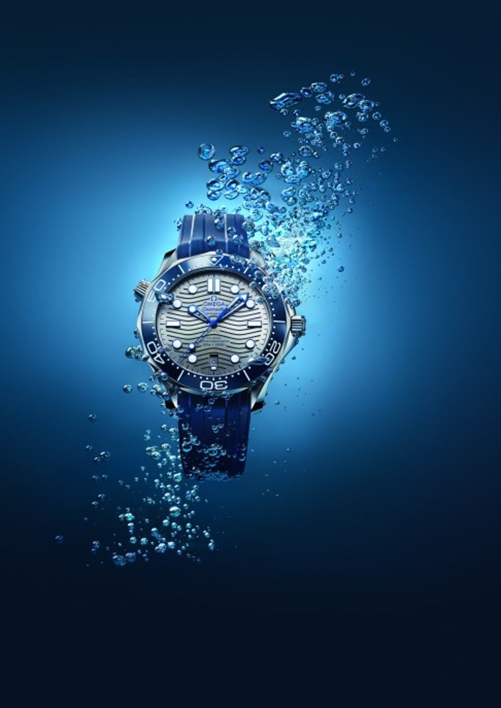 The new Seamaster Diver 300M with grey dial, blue bezel and blue rubber strap.