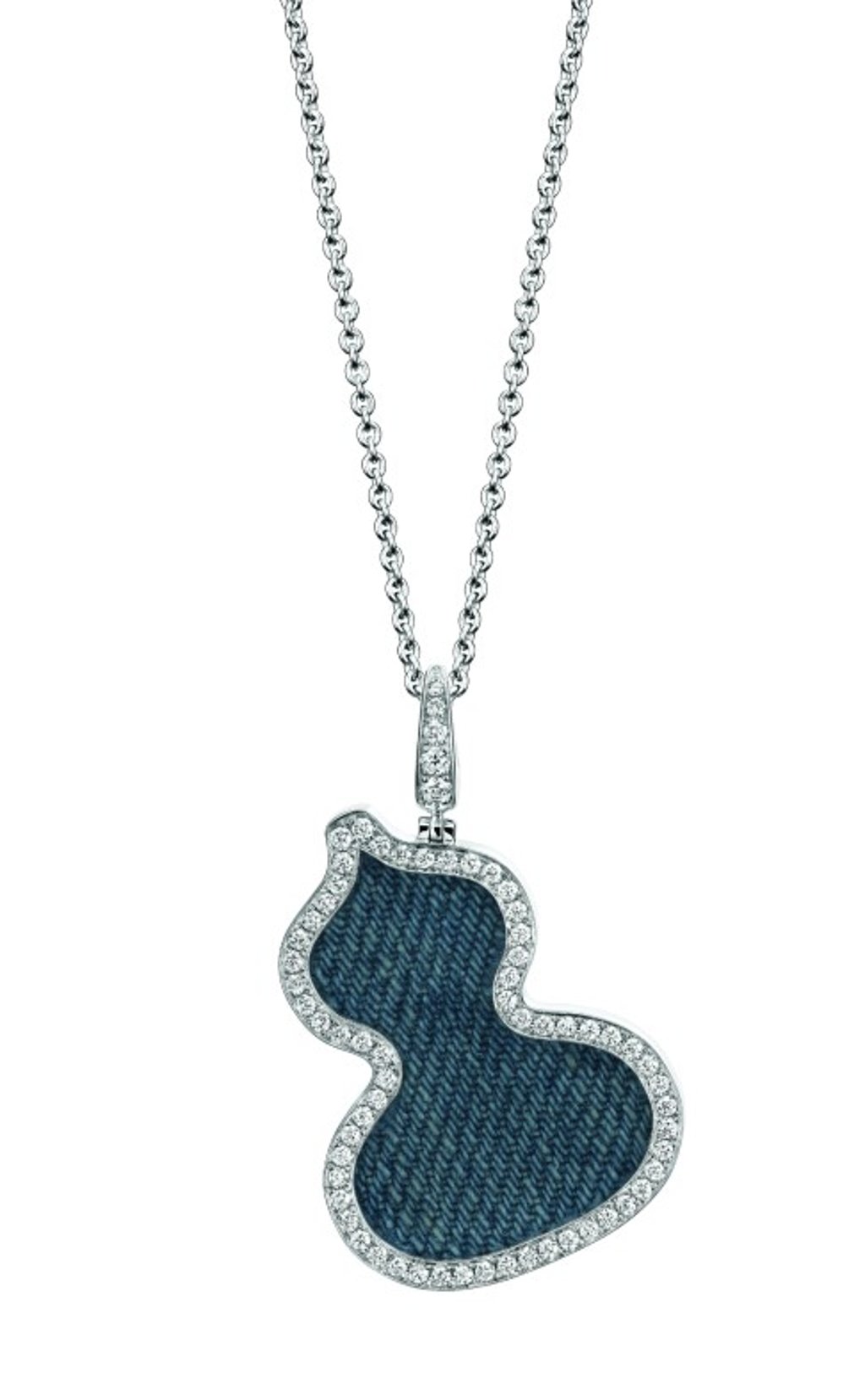 The Wulu denim pendant in 18K white gold with diamonds and denim.