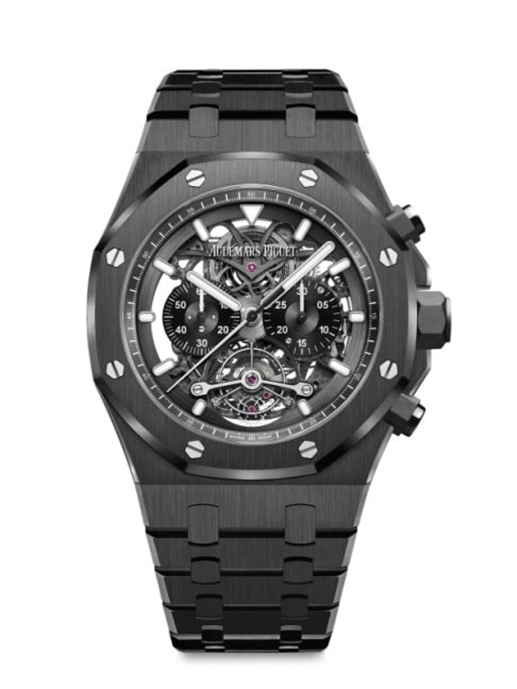 The Royal Oak Tourbillon Chronograph Openworked in full black ceramic exudes sleek glamour.