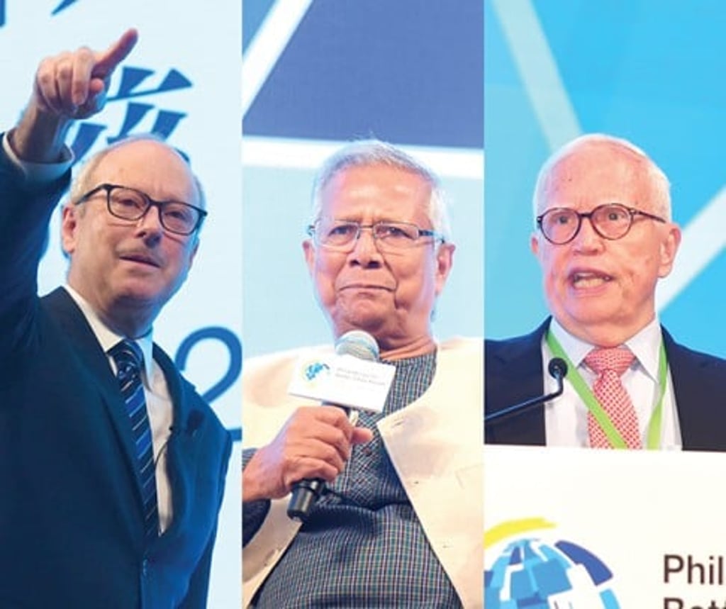 Sharing inspiring ideas with the audience at the PBC Forum are three highly respected speakers: Professor Michael J. Sandel (left) from Harvard University, along with Nobel Laureates Professor Muhammad Yunus (centre) and Professor James J. Heckman.