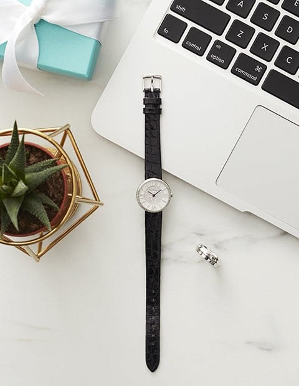 Complement the Atlas® 24 mm women’s watch in stainless steel with pave diamonds and black alligator band with a Tiffany Keys modern keys ring in 18k white gold with diamonds.