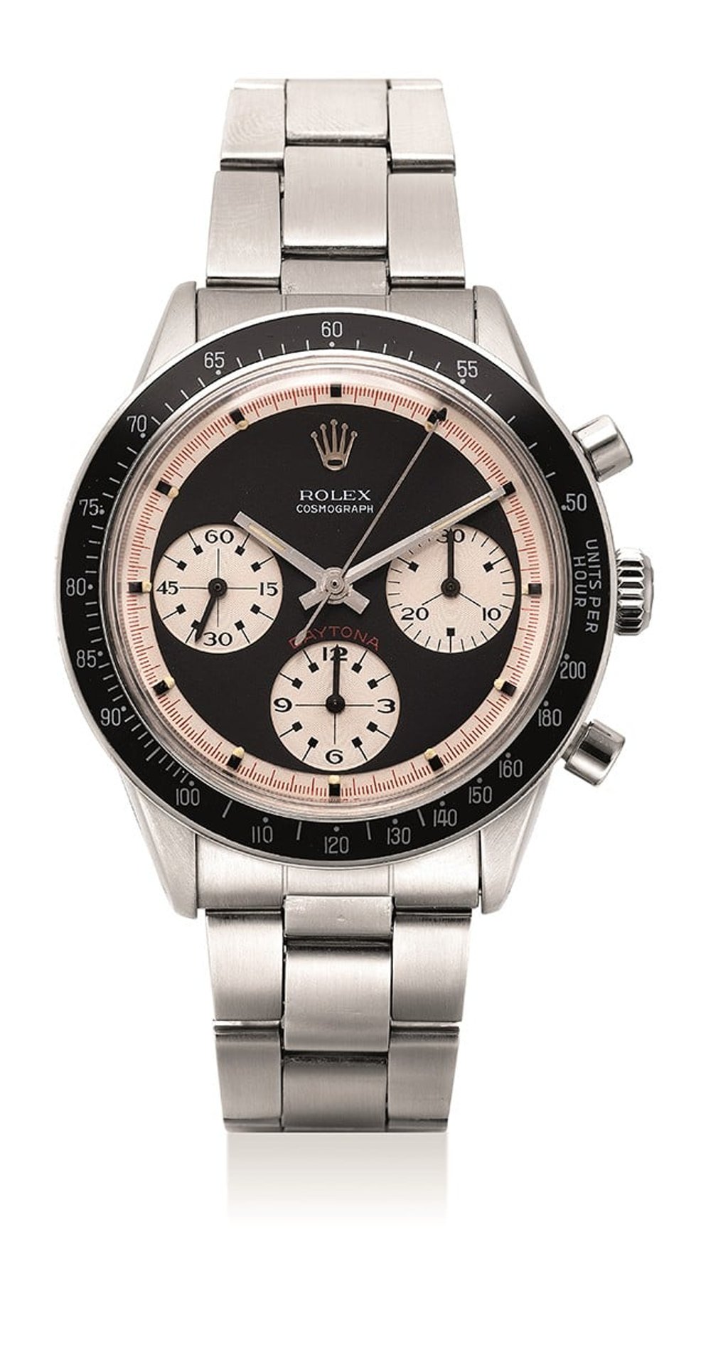 Rolex’s rare, very well-preserved, attractive stainless steel chronograph wristwatch with black "Paul Newman" dial (Ref. 6241).