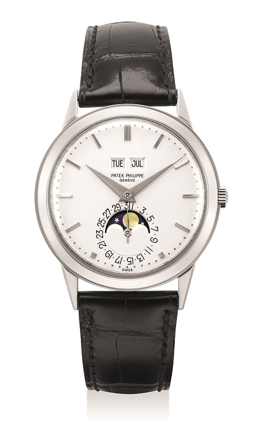 Patek Philippe’s very fine and rare white gold perpetual calendar wristwatch with moon phases and inverted date numerals (Ref. 3448).