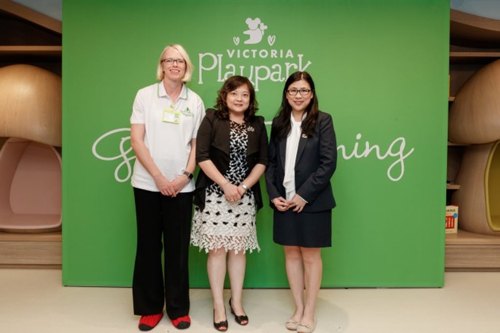 (From left to right) Michelle Key, English Coordinator; Gabriel Li, Advisor of Victoria Playpark; and Fion Yip, Senior Head Teacher (From left to right) Michelle Key, English Coordinator; Gabriel Li, Advisor of Victoria Playpark; and Fion Yip, Senior Head Teacher