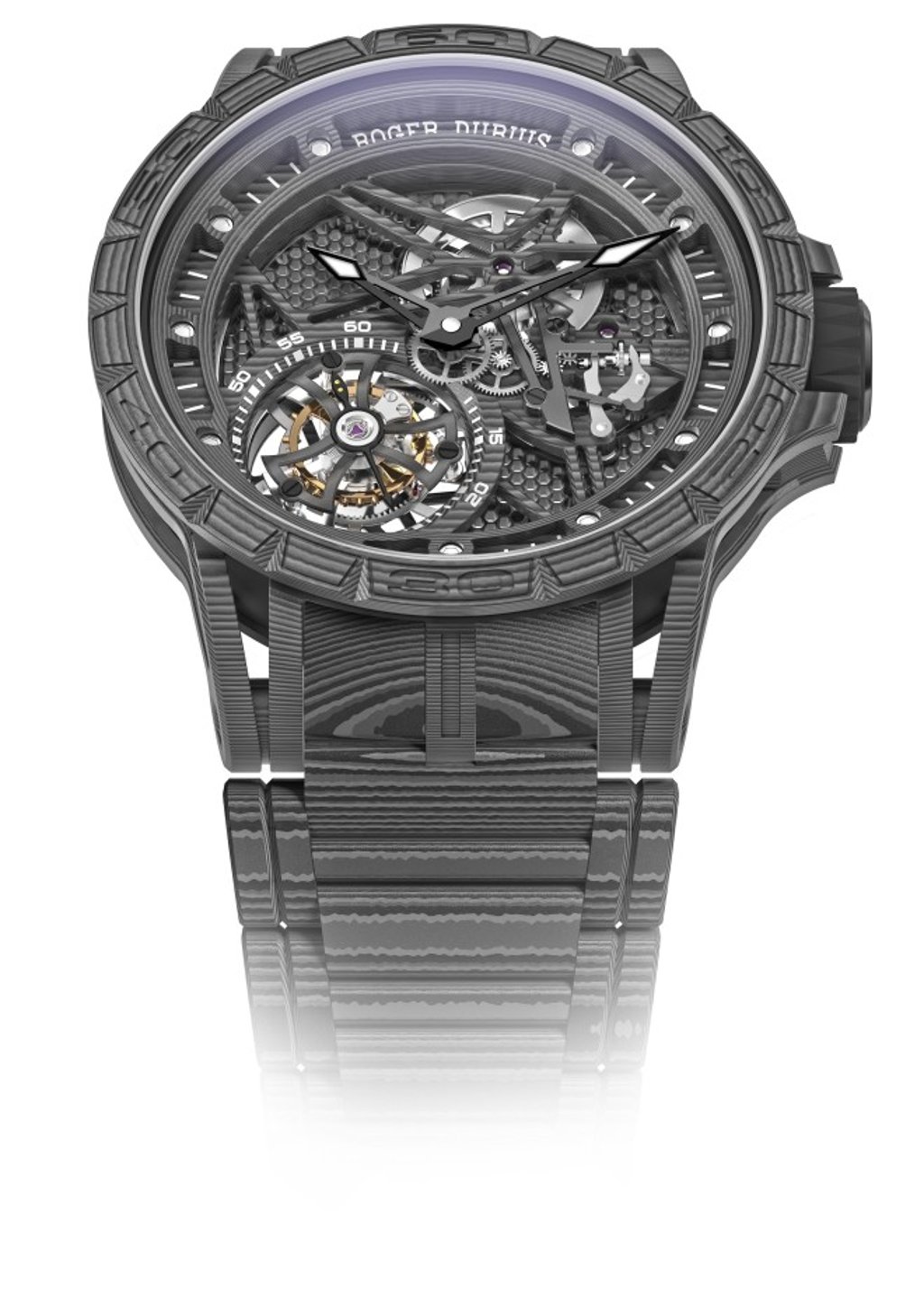 The Excalibur Spider - Carbon flying tourbillon is the first ever Roger Dubuis watch to offer a full carbon structure for the case, calibre and bracelet. The Excalibur Spider - Carbon flying tourbillon is the first ever Roger Dubuis watch to offer a full carbon structure for the case, calibre and bracelet.