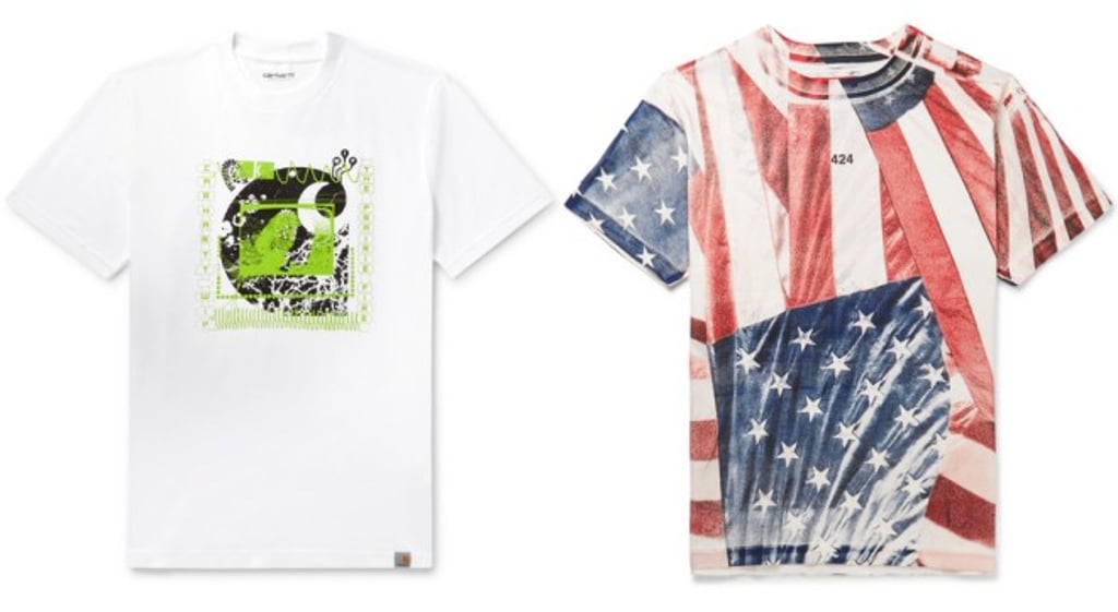 (left) Carhartt WIP’s T-shirt with boot prints; (right) 424’s T-shirt with deconstructed stars and stripes