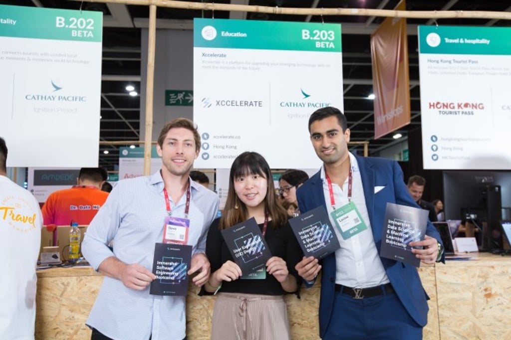 The Xccelerate team of Steve Safarowic, Head of Marketing & Product, Helen Chung, Marketing Associate, and Lavine Hemlani, CEO & Chairman (left to right) promoted their startup at RISE Hong Kong 2019.