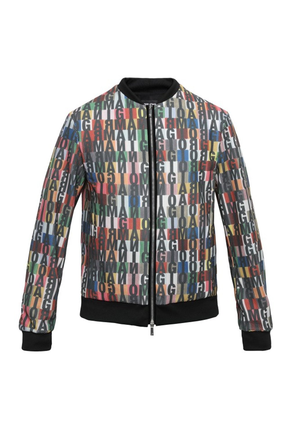 Men’s blouson jacket with ‘siGnAture Giorgio Armani’ motif and white embroidered ‘Giorgio’ across the back.