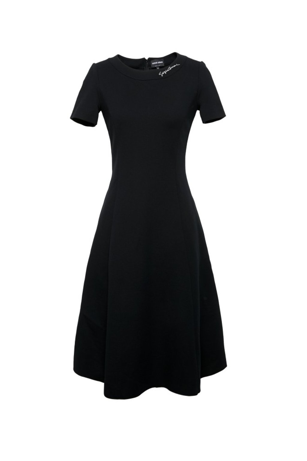 Fit and flare black midi dress with a discreet ‘Giorgio Armani’ signature on the collar.