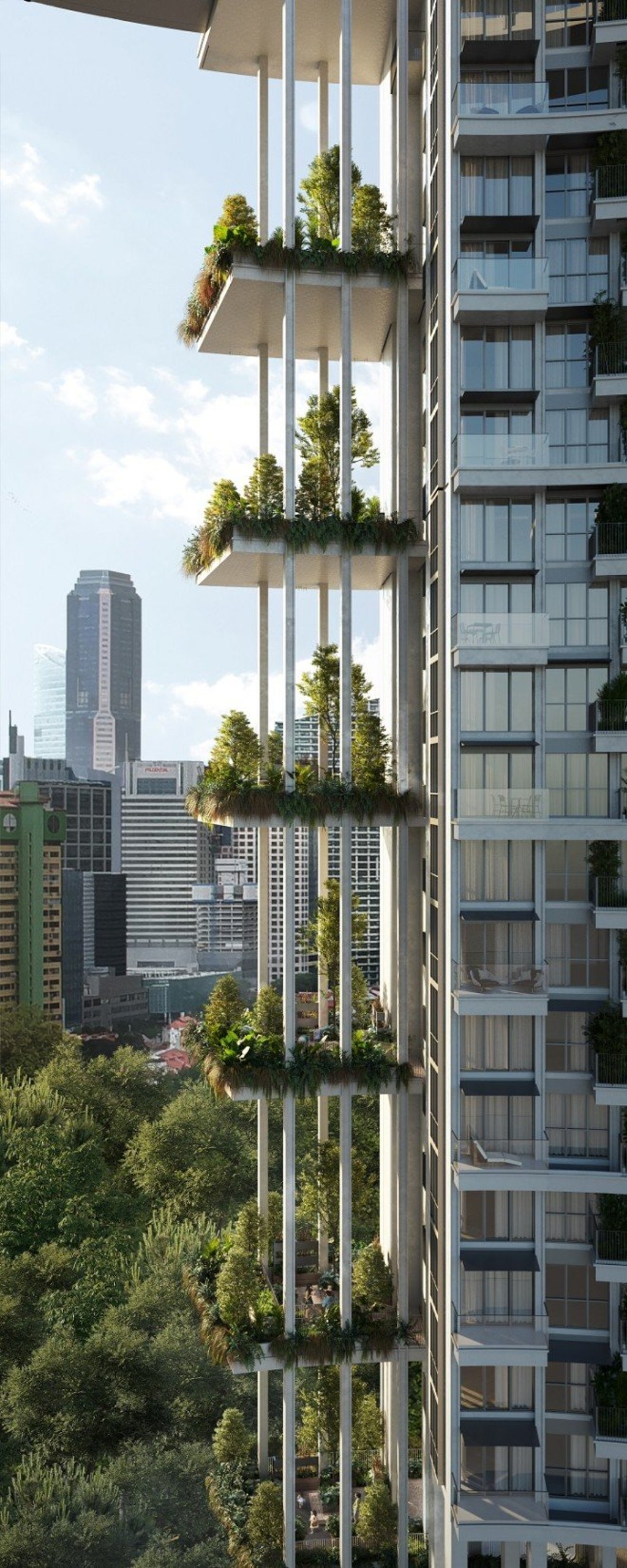 One Pearl Bank will feature a world-first – a series of sky allotment gardens arrayed vertically at one edge of each tower.