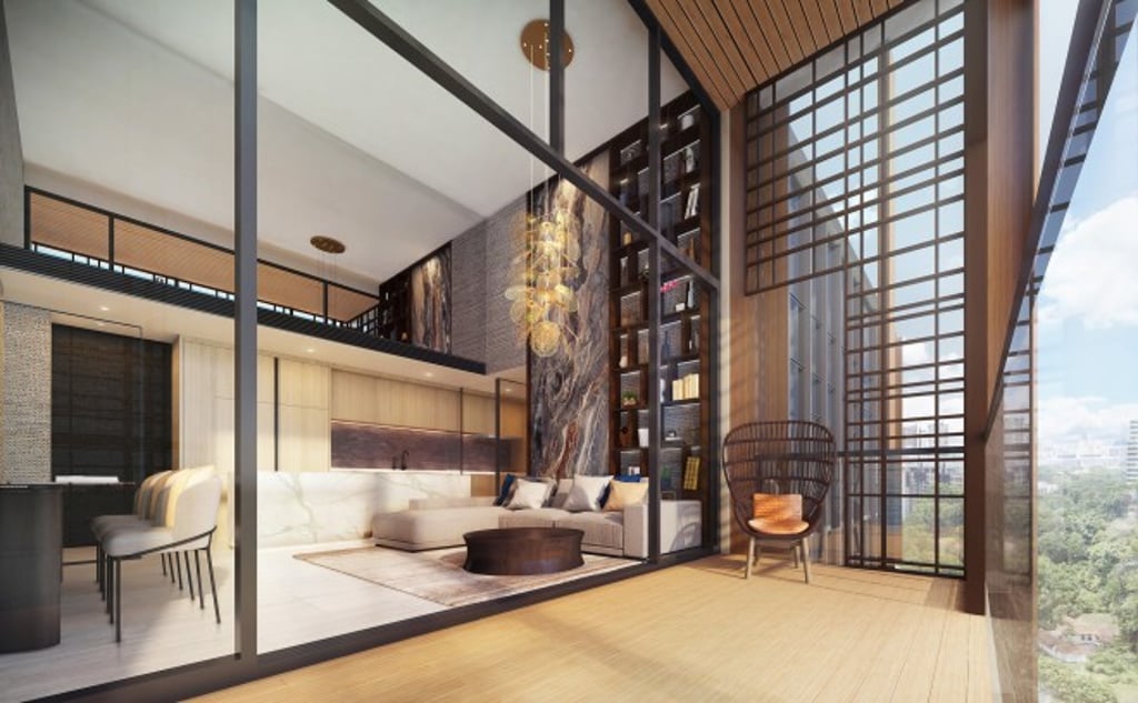 The spacious and elegant living room extends into nature. Its full-height glazing generously welcomes natural light and a scenic canvas of greenery. It is a near-seamless invitation of nature into the hearth of your home.