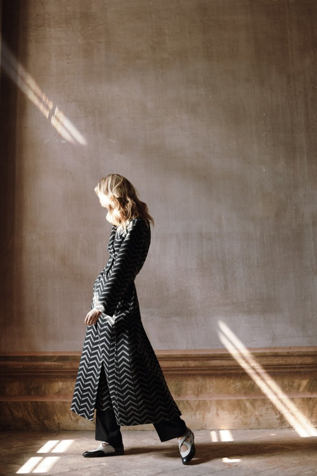 On-trend double-faced wool and cashmere coat with Giorgio Armani’s signature chevron motif.