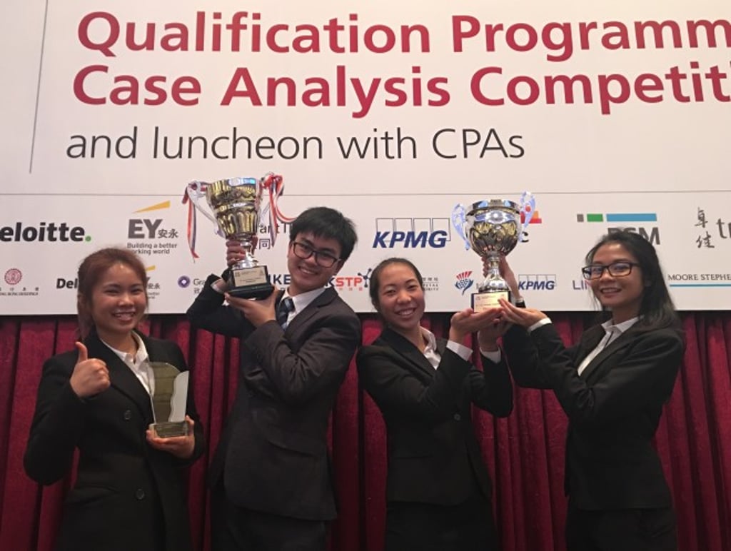 (From left) Manuel Reynier Salinas, Abigail Hilario Casino, Fung Lok-ching and Meesri Suthinan, winning team of the HKICPA Qualification Programme Case Analysis Competition 2017