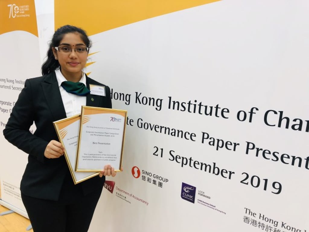 Simran Sanjaybhai Kalathiya, Year 2 student of Bachelor of Business Administration in International Business, winner of the Hong Kong Institute of Chartered Secretaries Corporate Governance Paper Competition 2019