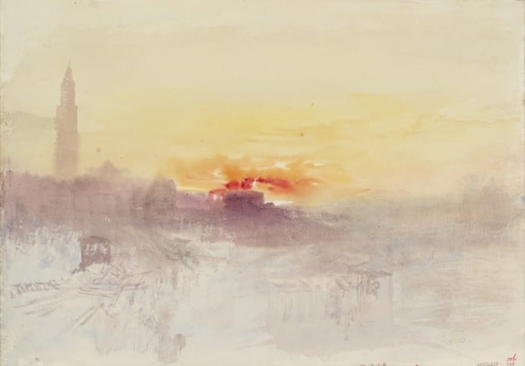 Joseph Mallord William Turner (1775 – 1851), Venice at Sunrise from the Hotel Europa, with the Campanile of San Marco, c.1840. Watercolour on paper. 198 x 280 mm. Tate: Accepted by the nation as part of the Turner Bequest 1856 © Tate
