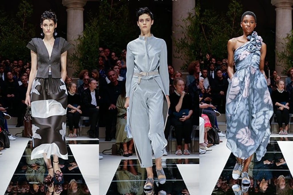 A new silhouette with rounded shoulders, while lush floral and foliage prints dominate the collection.