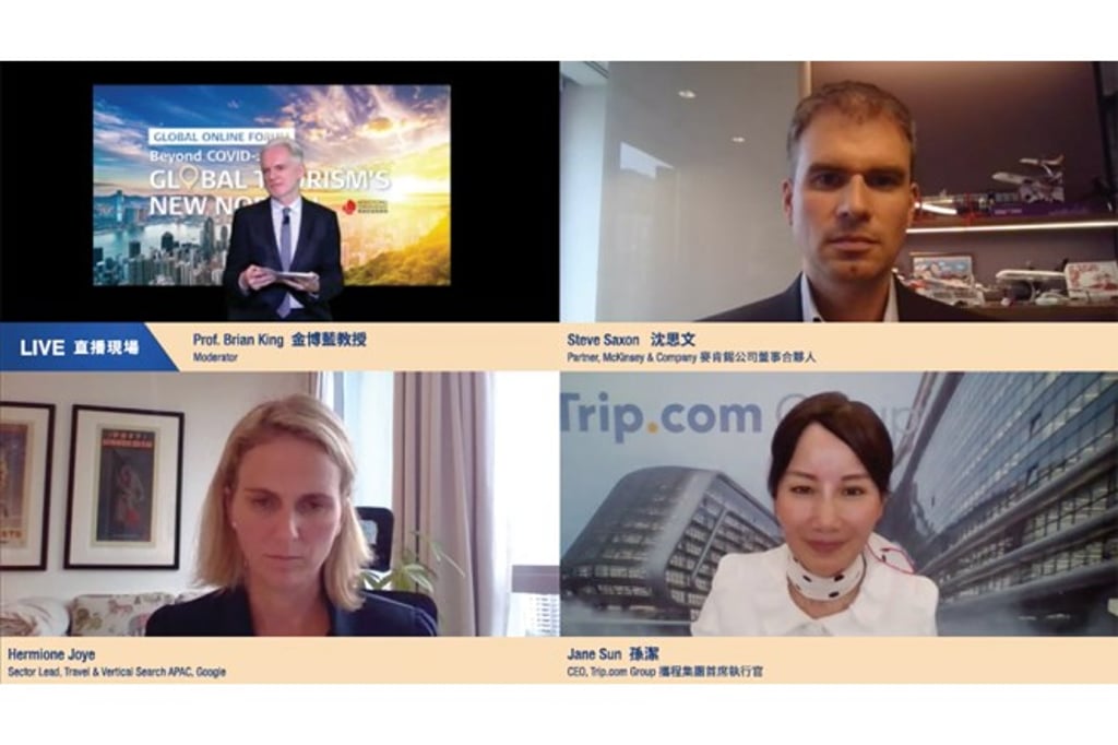 (Top Left) Brian King, Associate Dean, School of Hotel & Tourism Management, The Hong Kong Polytechnic University; (Top Right) Steve Saxon, Partner, McKinsey & Company; (Bottom Left) Hermione Joye, Sector Lead, Travel & Vertical Search APAC, Google; (Bottom Right) Jane Sun, CEO, Trip.com Group. (Top Left) Brian King, Associate Dean, School of Hotel & Tourism Management, The Hong Kong Polytechnic University; (Top Right) Steve Saxon, Partner, McKinsey & Company; (Bottom Left) Hermione Joye, Sector Lead, Travel & Vertical Search APAC, Google; (Bottom Right) Jane Sun, CEO, Trip.com Group.