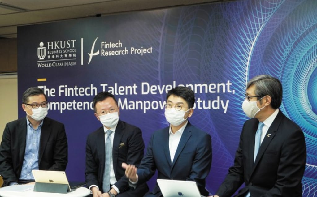 (From left) Prof Tam Kar Yan, Dean of HKUST Business School was joined by Nelson Chow, Chief Fintech Officer of the Hong Kong Monetary Authority; and Jeff Tang, Partner, Ernest & Young People Advisory Services, in a discussion session of a webinar, moderated by Peter Yan, CEO of Cyberport Hong Kong. (From left) Prof Tam Kar Yan, Dean of HKUST Business School was joined by Nelson Chow, Chief Fintech Officer of the Hong Kong Monetary Authority; and Jeff Tang, Partner, Ernest & Young People Advisory Services, in a discussion session of a webinar, moderated by Peter Yan, CEO of Cyberport Hong Kong.