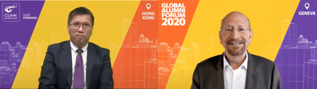 (From left) Moderator Prof. Kalok Chan, Wei Lun Professor of Finance at CUHK and guest speaker Prof. Richard Baldwin, Professor of International Economics at the Graduate Institute of International and Development Studies