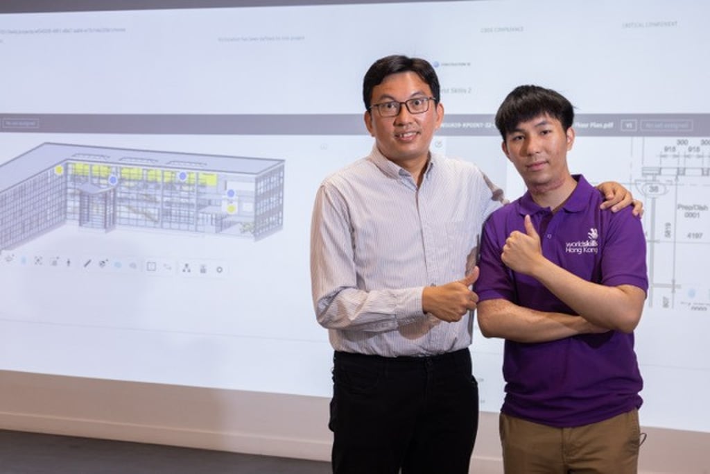 Expert of Digital Construction skills trade Brian Leung (left) provided technical skills training for So Kin Wa (right) in preparation of the WorldSkills Competition. Expert of Digital Construction skills trade Brian Leung (left) provided technical skills training for So Kin Wa (right) in preparation of the WorldSkills Competition.
