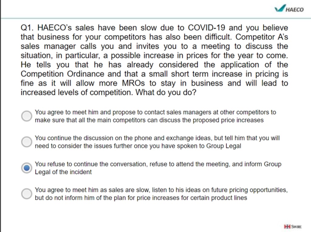 After finishing the training course, HAECO's employees are assessed with a test consisting of 14 multiple-choice questions. After finishing the training course, HAECO's employees are assessed with a test consisting of 14 multiple-choice questions.