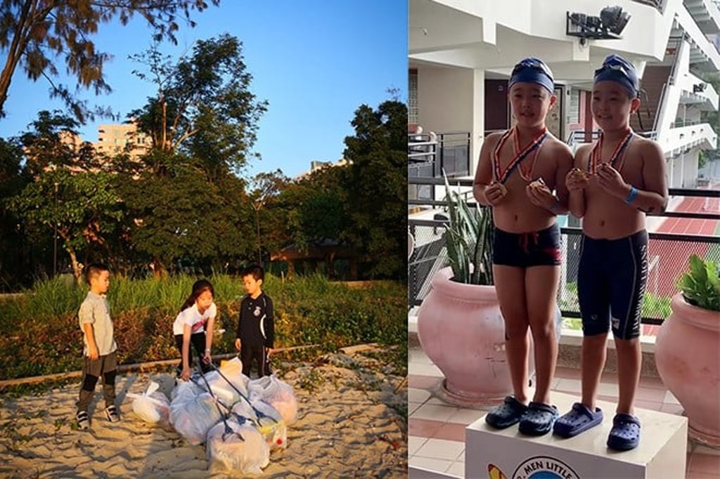 (Left) Committed to giving back to society at a young age, Jayden and Brayden regularly take part in beach cleanup campaigns with their sister. (Right) They achieve great results at an inter-school swimming qualifier.