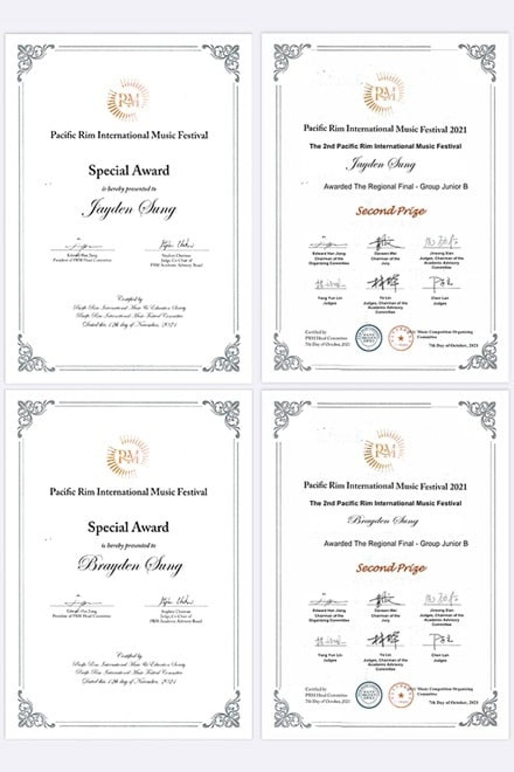 Twin brothers Jayden and Brayden, who started taking piano lessons only two years ago, beat numerous participants and won the Special Prize at the Second Pacific Rim International Music Festival.