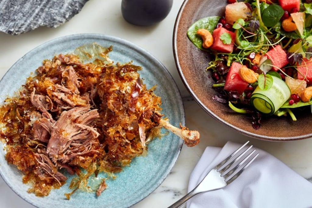 Bonito Fried Duck Leg served with Watermelon Salad and Sweet Dressing