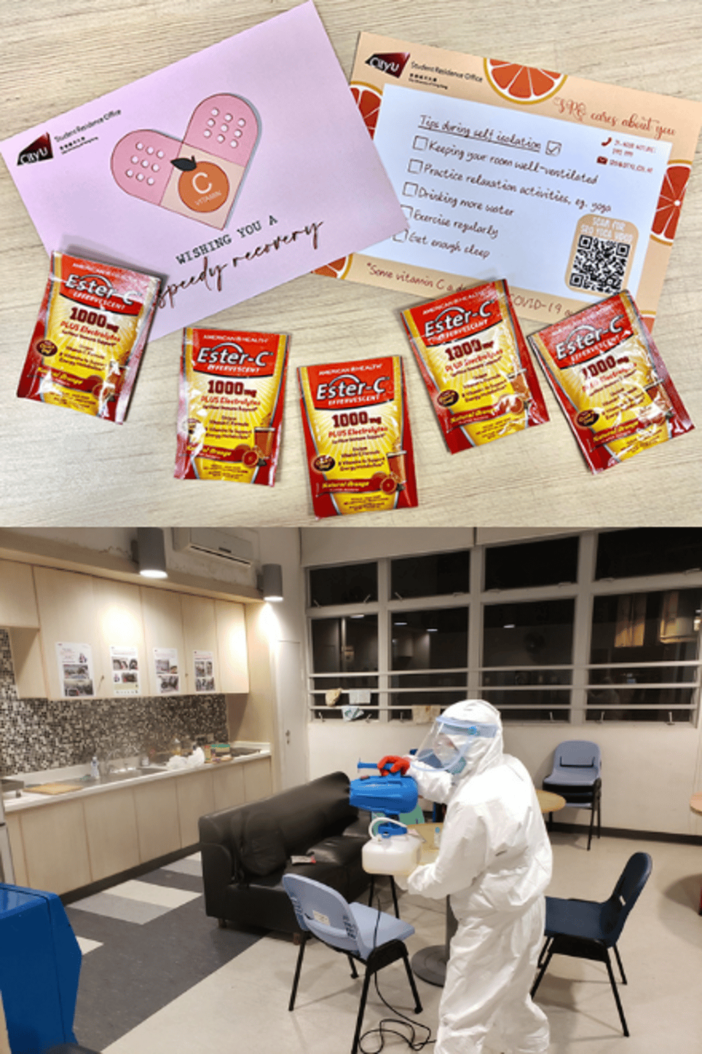 Student Residence Office sent vitamins and support messages to student residents undertaking self-isolation (above),and also arranged a cleaning team in PPEs disinfecting the hall area to prevent the spread (below).