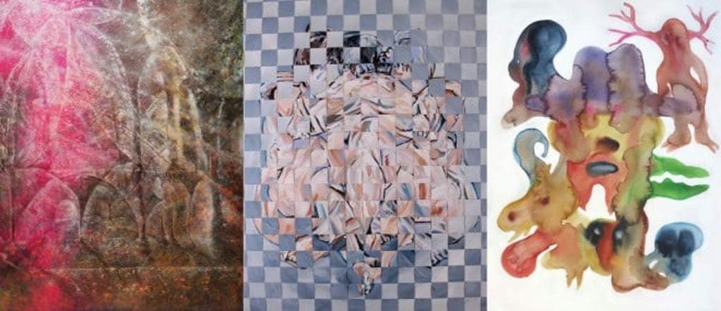 Left: Karen Shiozawa, Crystal Church, 2022. Acrylic and oil on panel. Centre: Clément Denis, Rorschach, 2019. Acrylic on woven paper. Right: Fabien Verschaere, Self Portrait, 2021. Watercolour on paper