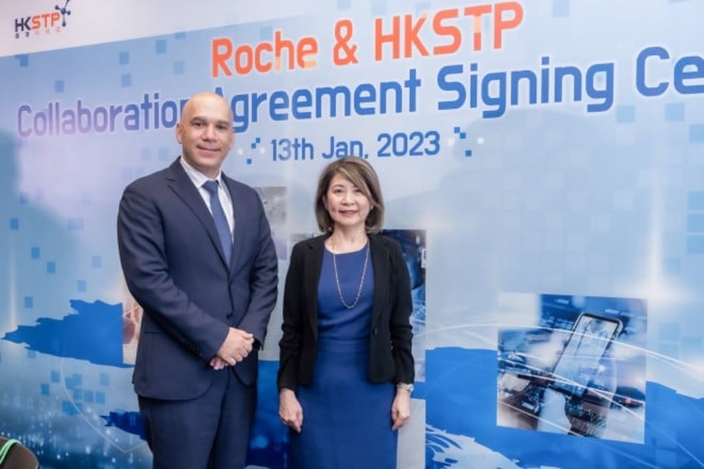 From left, Dr Ahmed Elhusseiny and Ms Ho said Roche looks forward to fostering and investing in future biomedical innovations through its partnership with HKSTP.